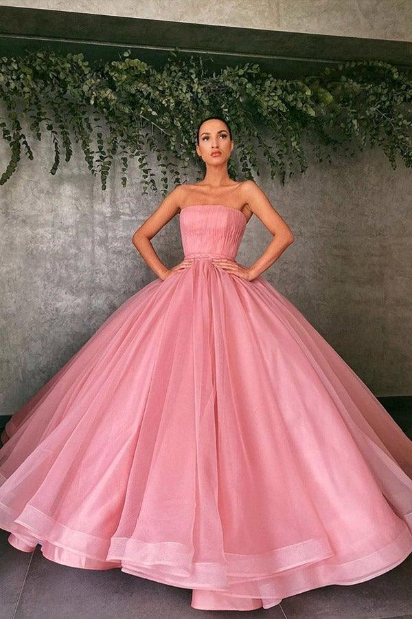 Ball Gown Pink Tulle Strapless Prom Dresses Evening Dresses